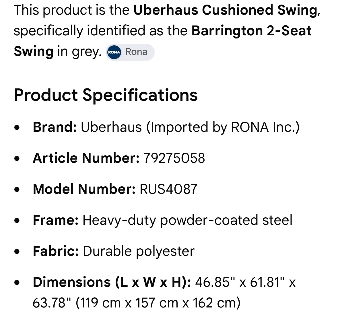 Uberhaus Barrington 2-Seat Swing (Grey) - photo 5