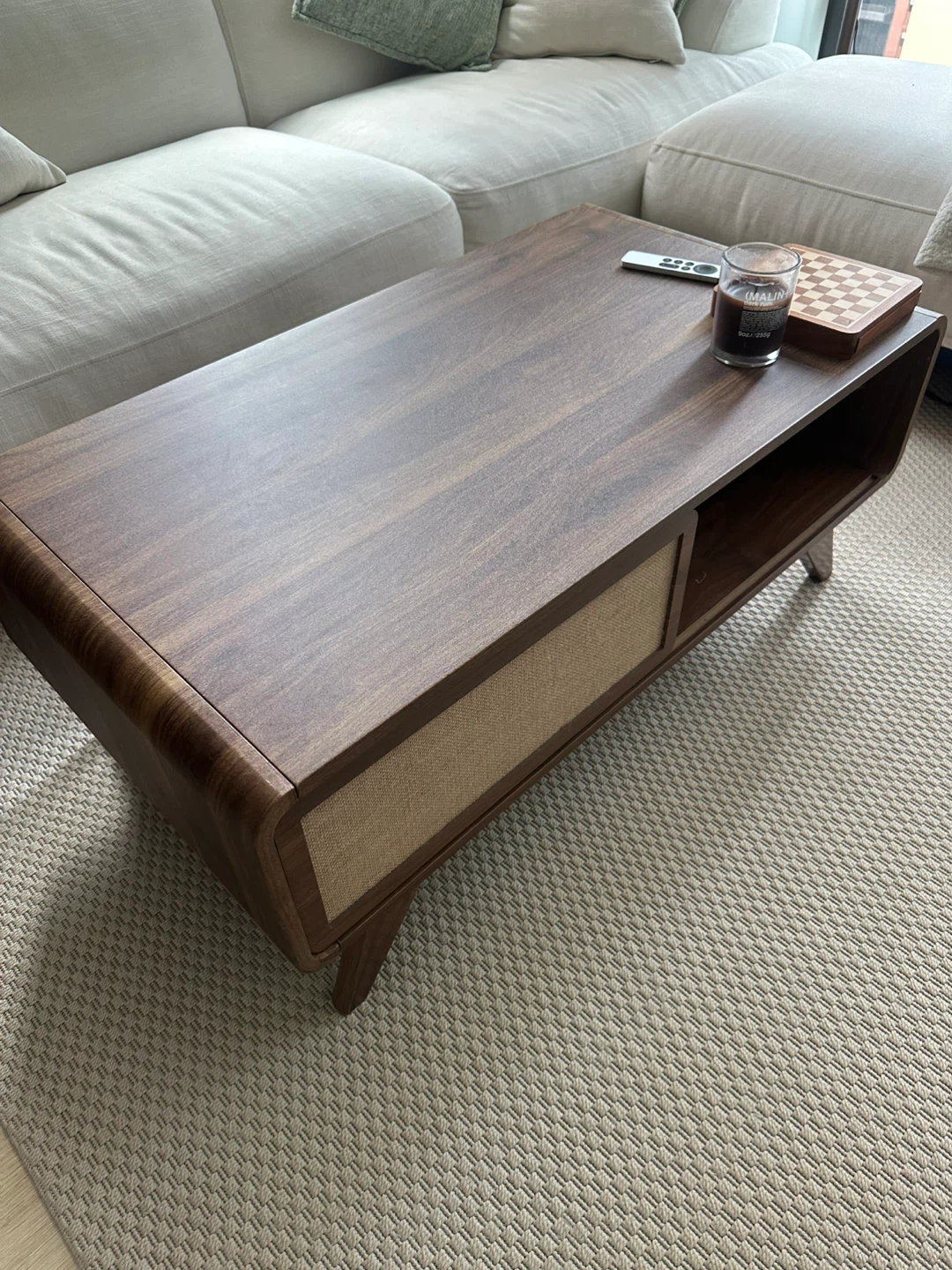 Wood Coffee Table with Cane sliding Doors for storage