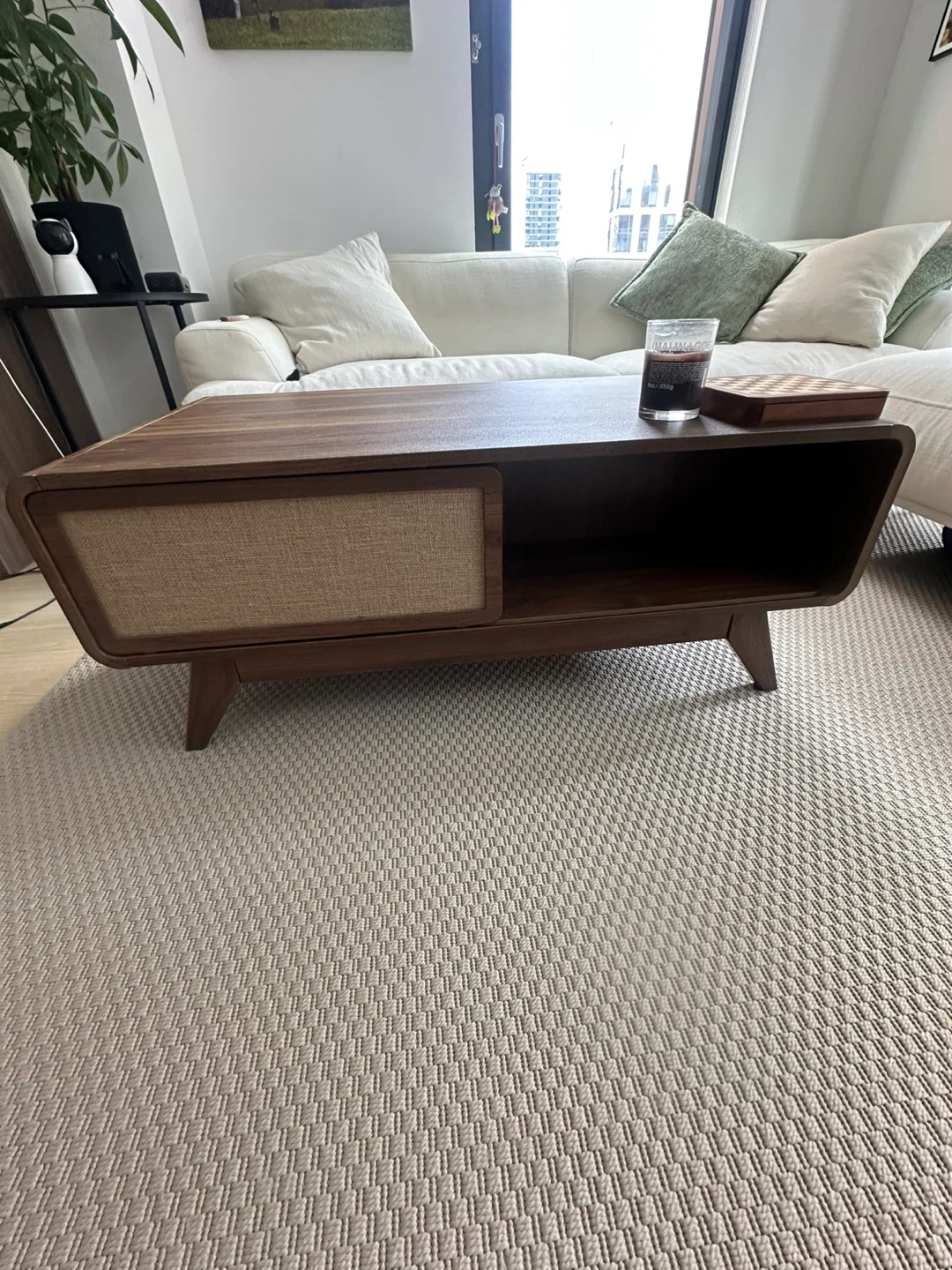Wood Coffee Table with Cane sliding Doors for storage - photo 2