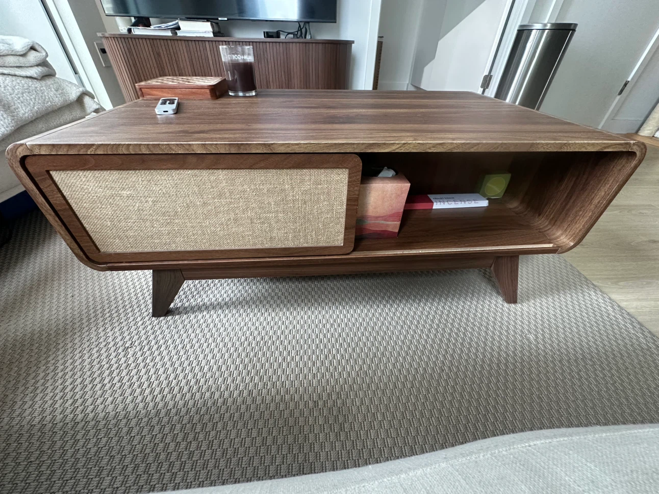 Wood Coffee Table with Cane sliding Doors for storage - photo 3