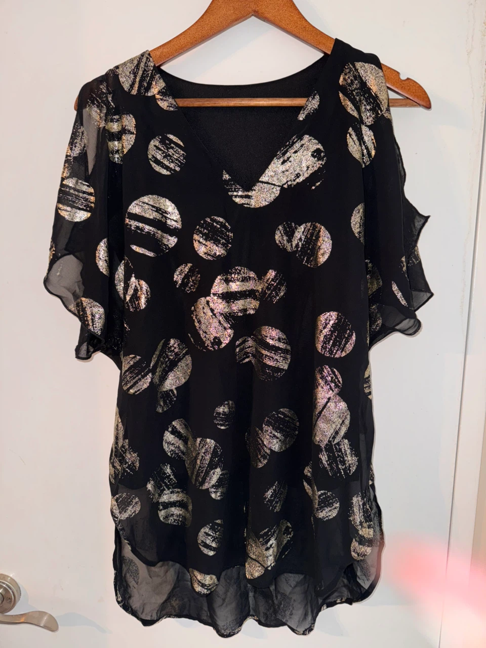Black Cold Shoulder Top with Metallic Print