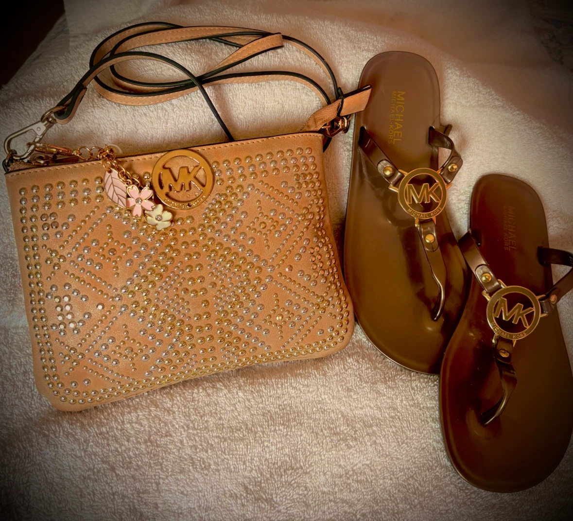 $40! Michael Kors Studded Bag and Thong Sandals Set