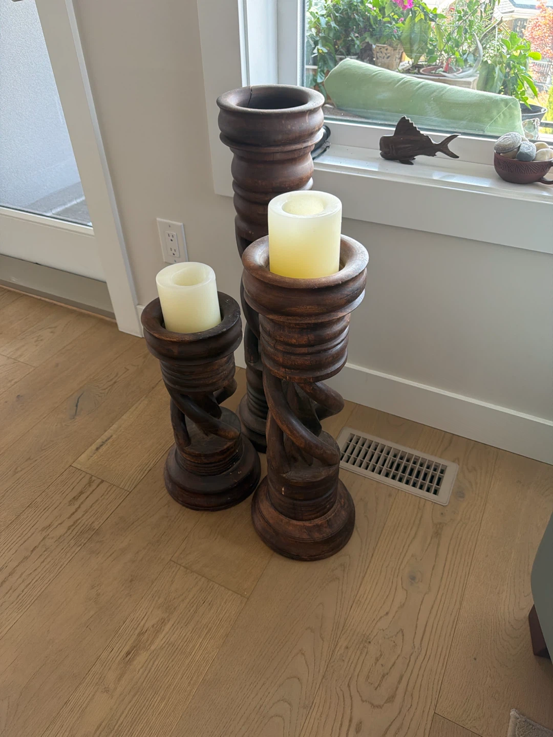 Set of 3 Carved Wooden Candlesticks