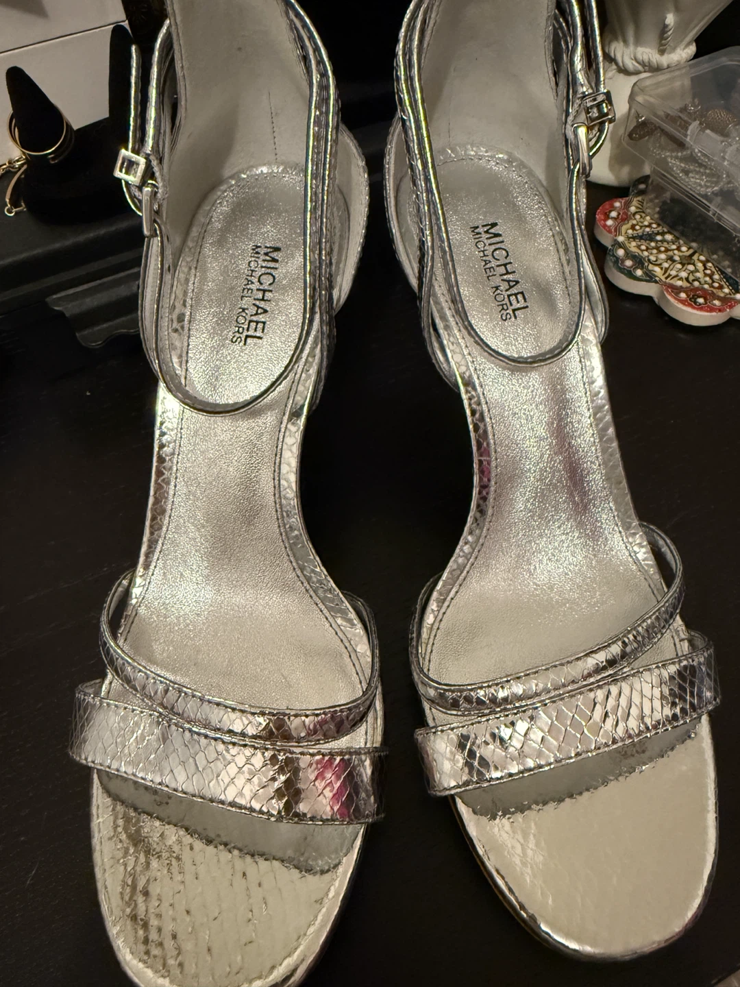 Michael Kors Silver Snakeskin Heeled Sandals Size 6M