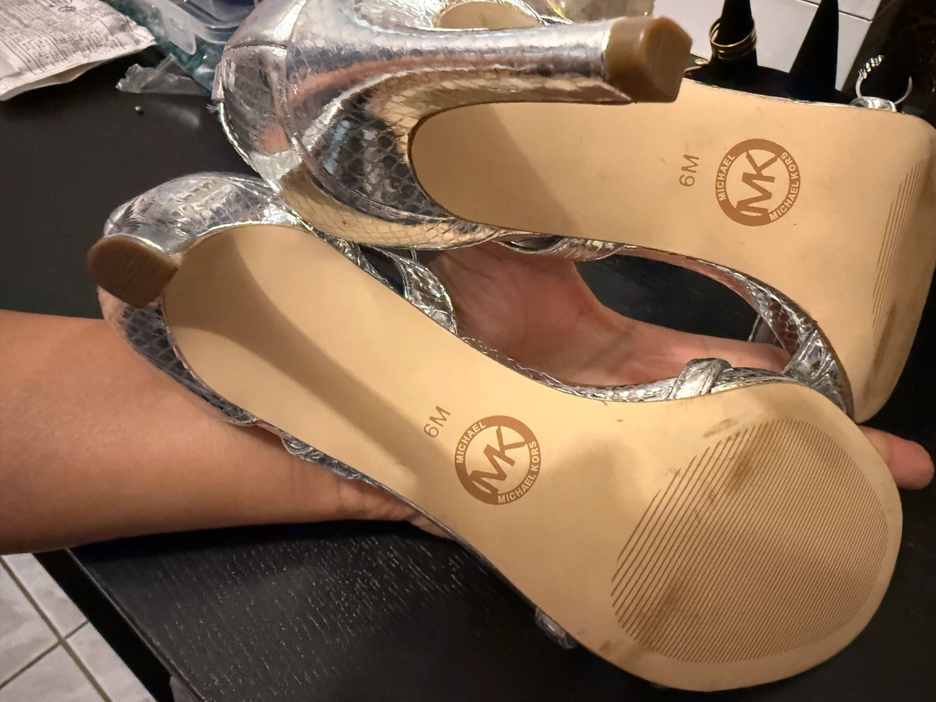 Michael Kors Silver Snakeskin Heeled Sandals Size 6M - photo 4