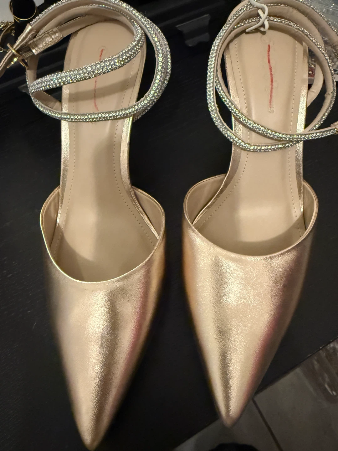 Gold Ankle Strap Heels with Rhinestones Size 37