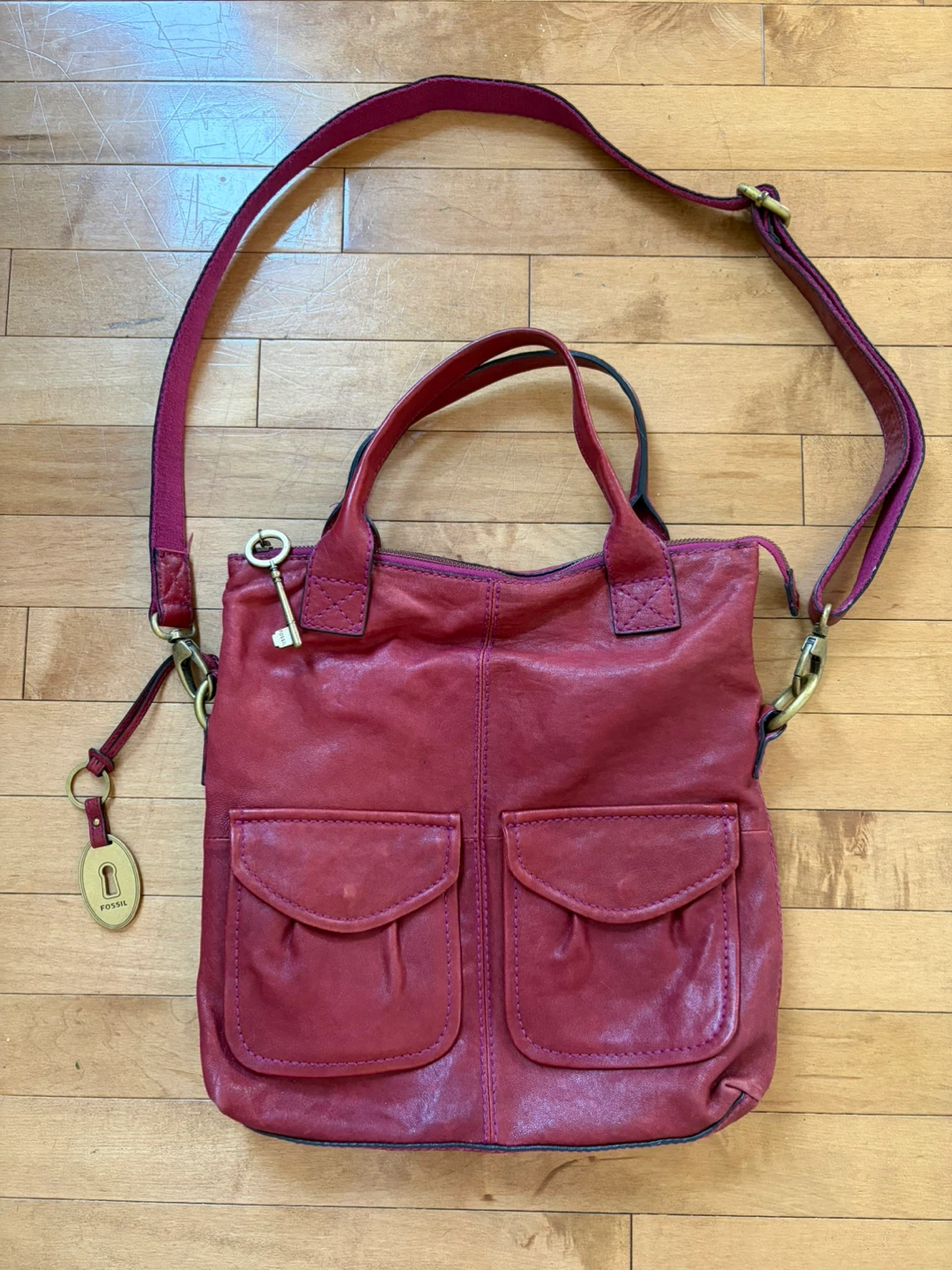 Fossil Red Leather Shoulder Bag with Key Charm