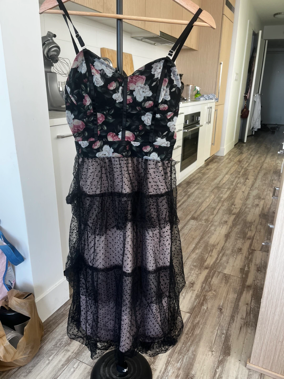 Black Floral Ruffle Mesh Dress