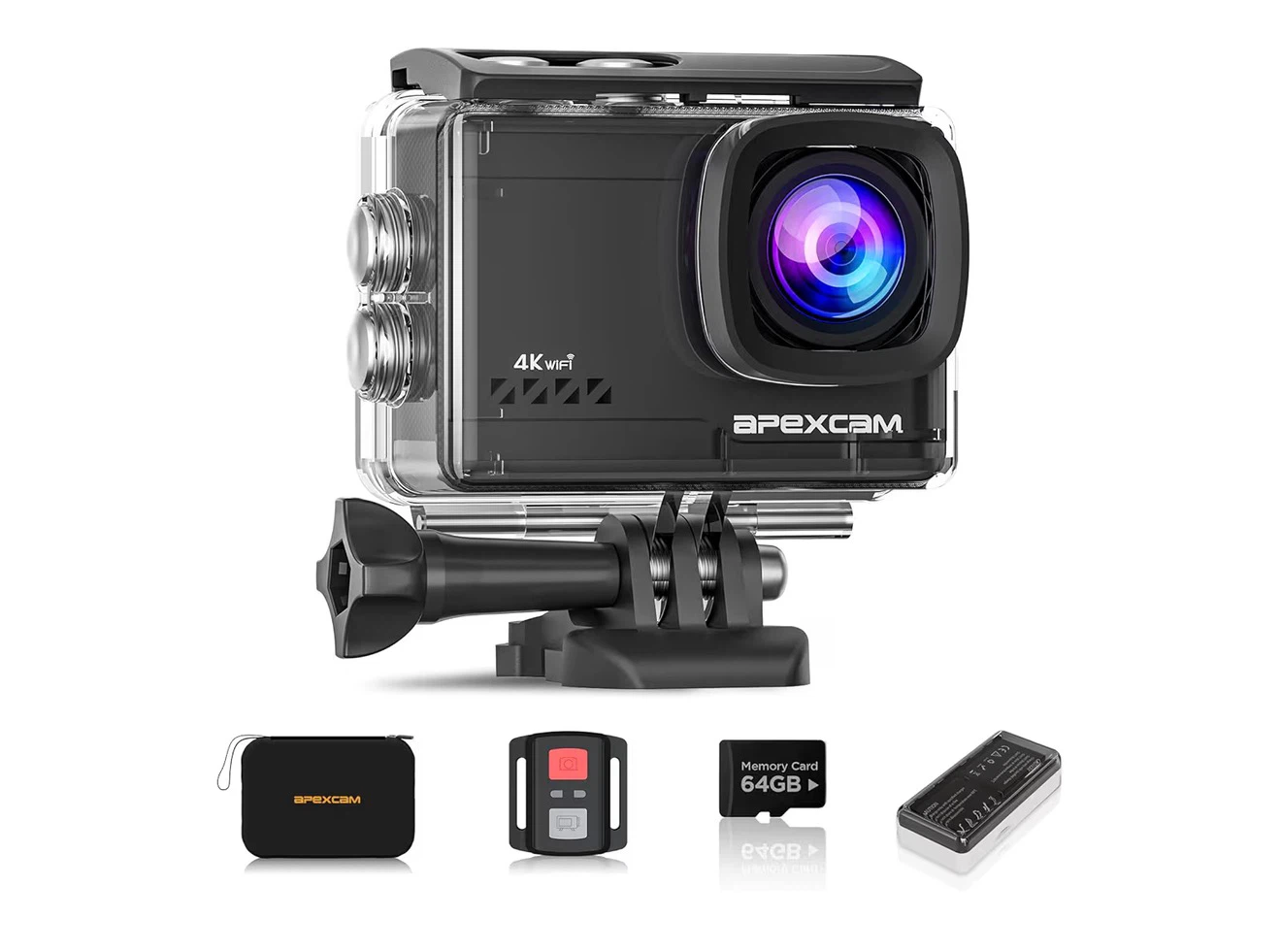 APEXCAM 4K Action Camera with 64GB Memory Card and Accessories