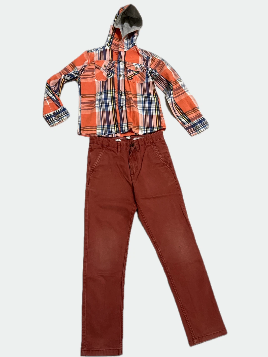 Boys Plaid Hooded Shirt and Pants Set