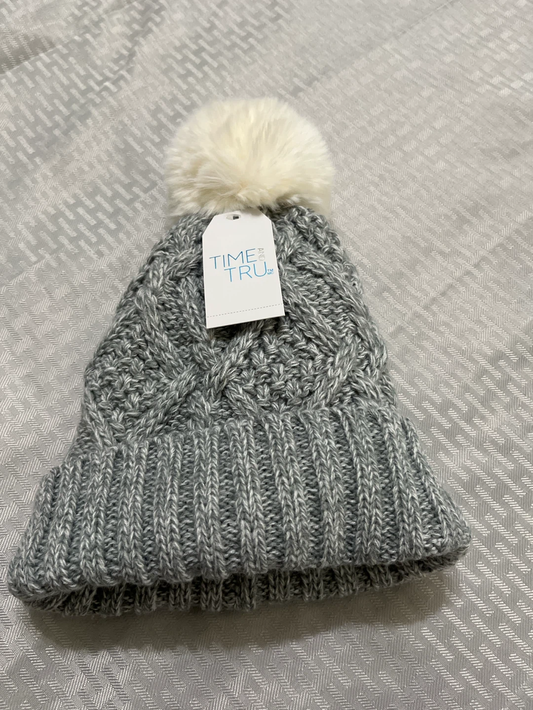 Time and Tru Grey Knit Pom Pom Beanie Hat