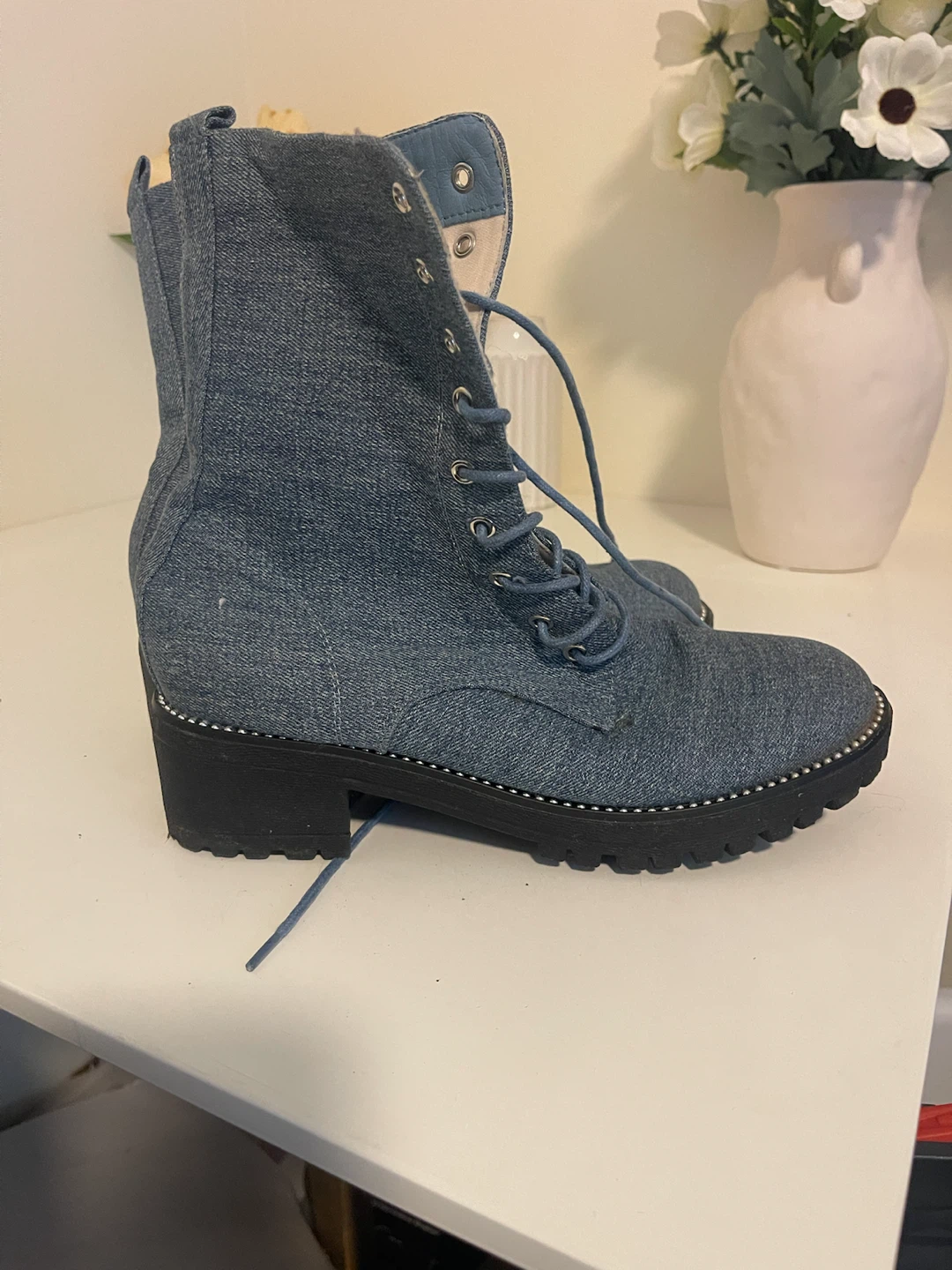 Blue Denim Lace-Up Combat Boots