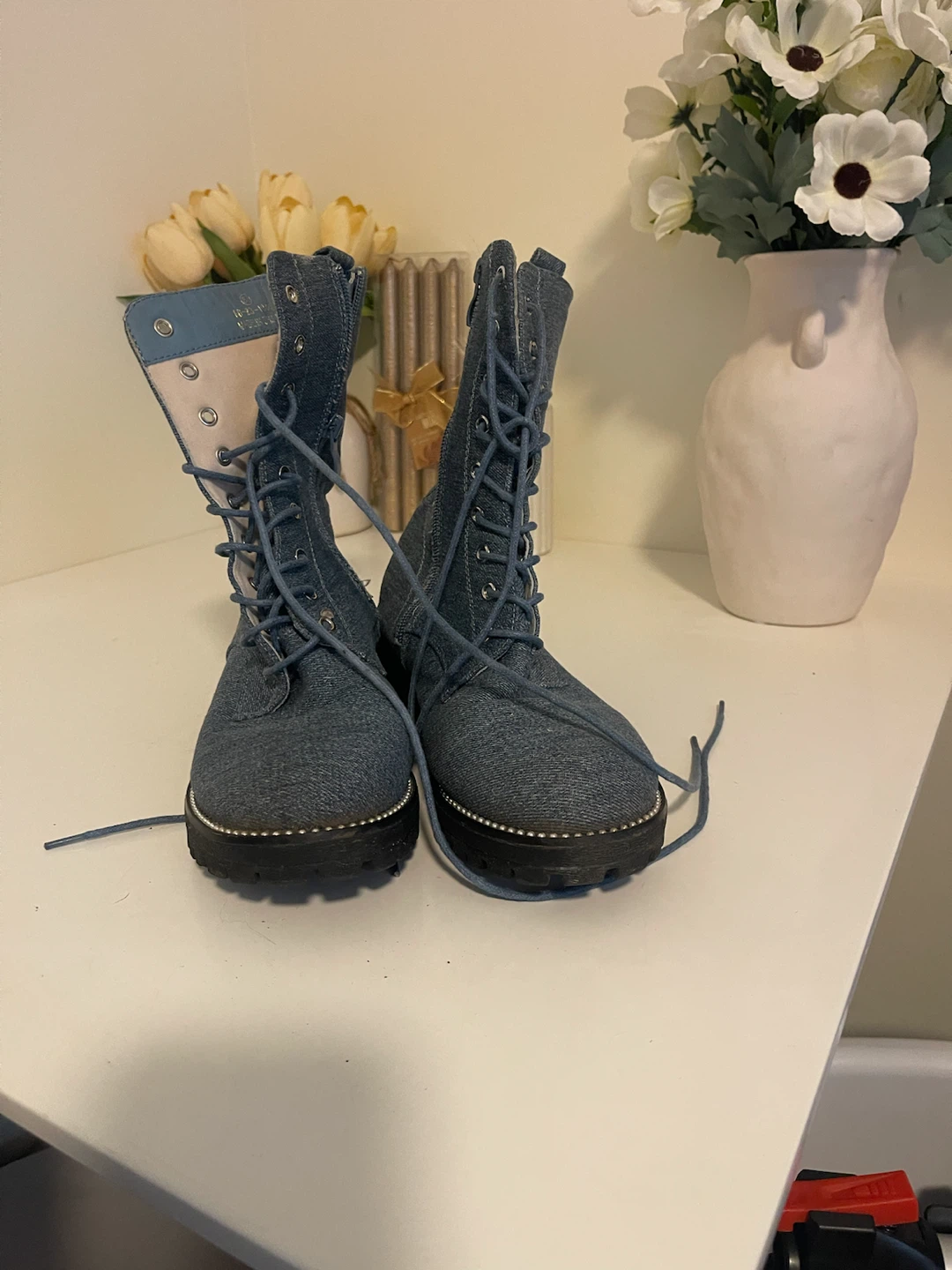 Blue Denim Lace-Up Combat Boots - photo 2