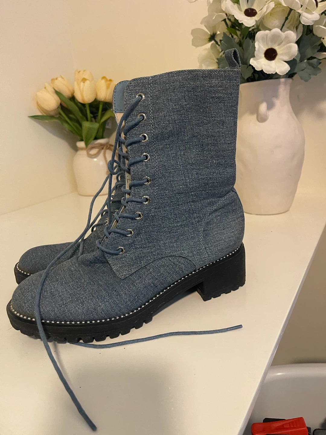 Blue Denim Lace-Up Combat Boots - photo 3