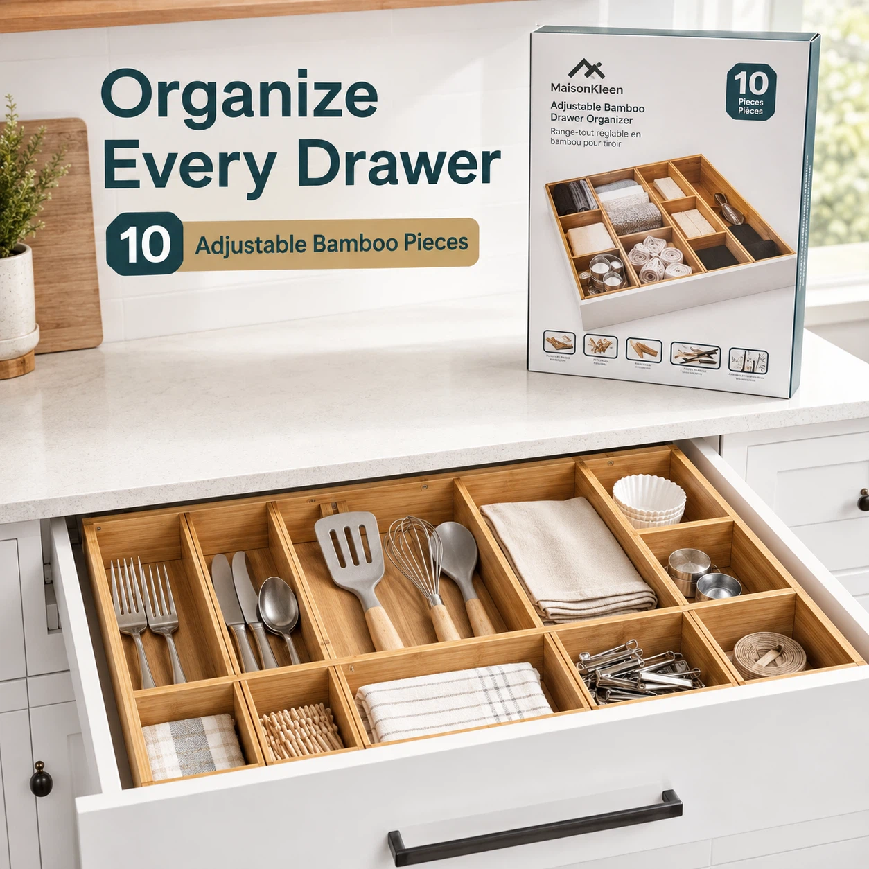 MaisonKleen Adjustable Bamboo Drawer Organizer — 10 Pieces