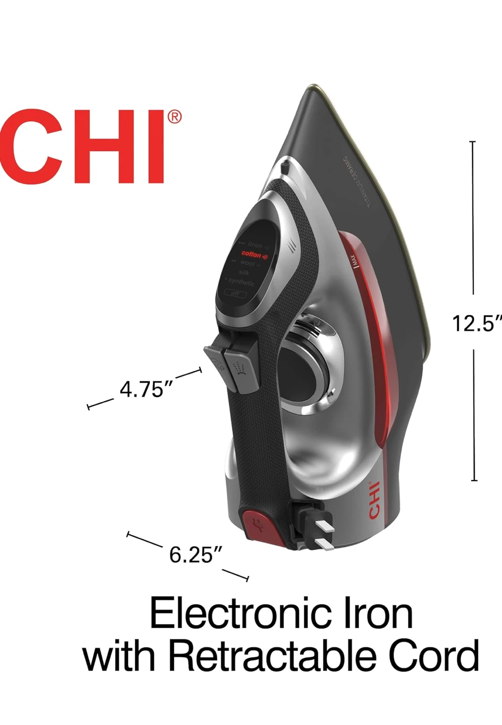 CHI Electronic Clothing Iron with Retractable Cord, Grey - photo 2