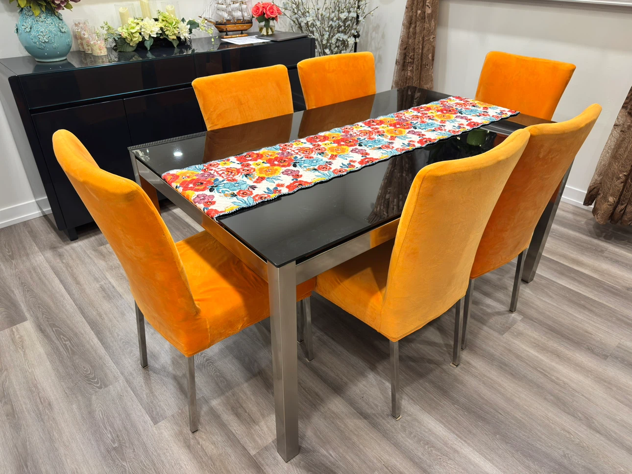 Black Glass Dining Table with 6 Chairs