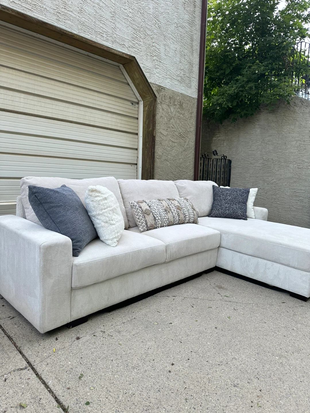 White Corduroy Reversible Sectional Sofa w/ Chaise