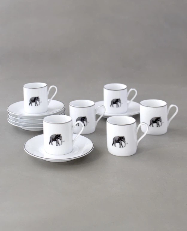 Set of 6 Espresso Cups and Saucers with Elephant Design - photo 3