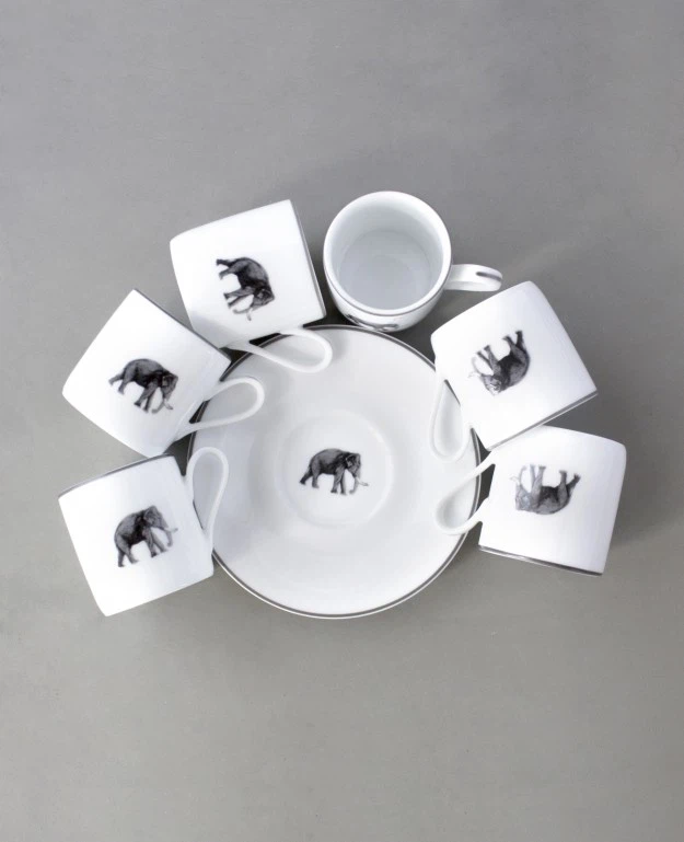 Set of 6 Espresso Cups and Saucers with Elephant Design