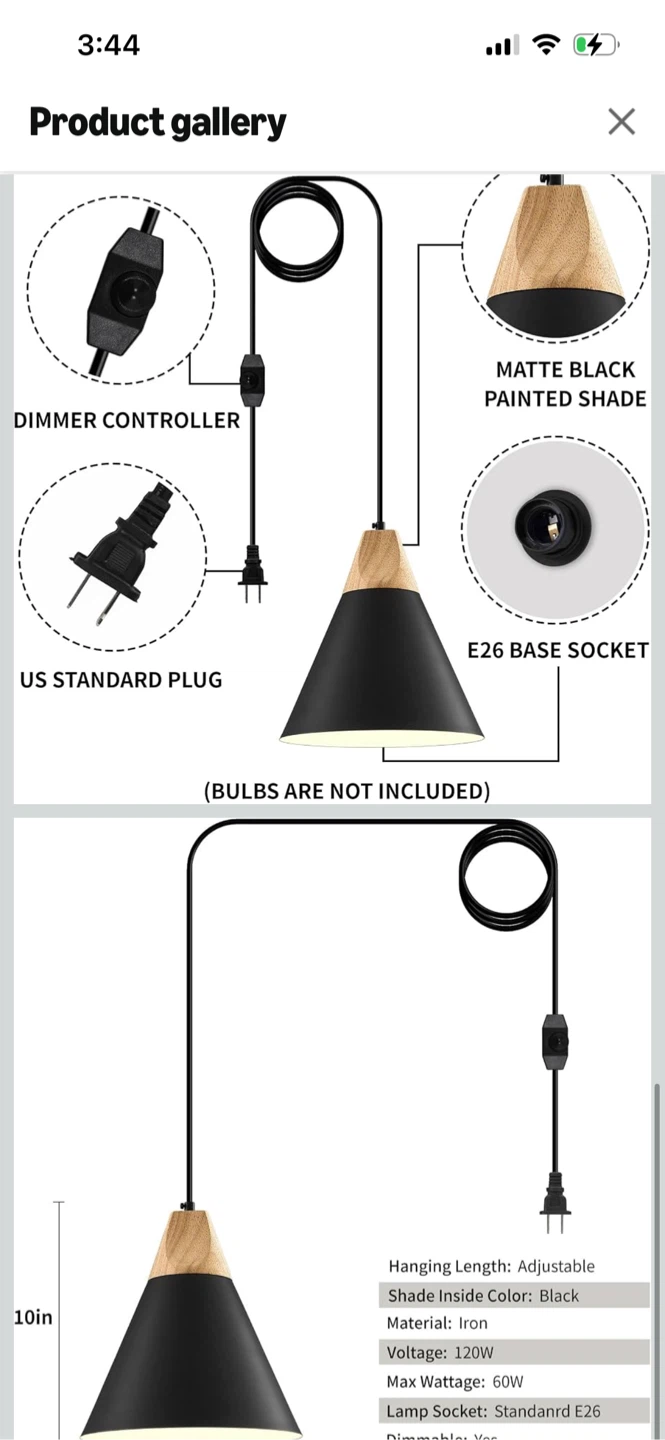 New-SESIMENT Set of 2 Black and Wood Plug-in Pendant Lights