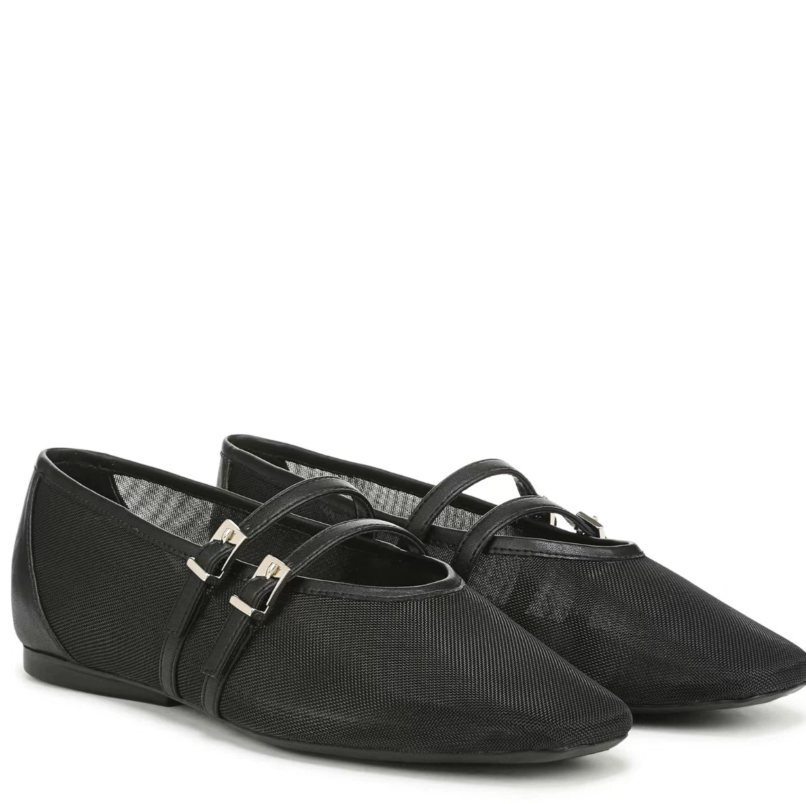 Black Mesh Ballet Flats with Buckle Straps