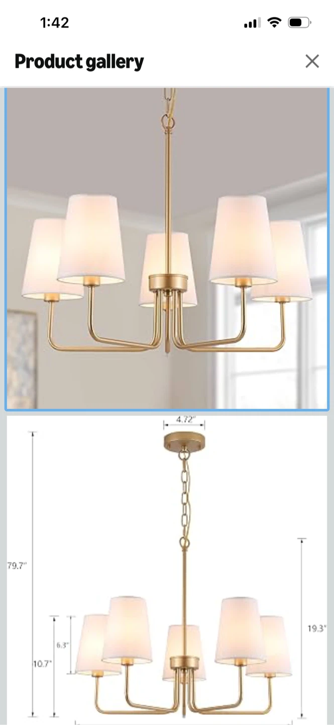 Brass Chandelier with White 5 Fabric Shades