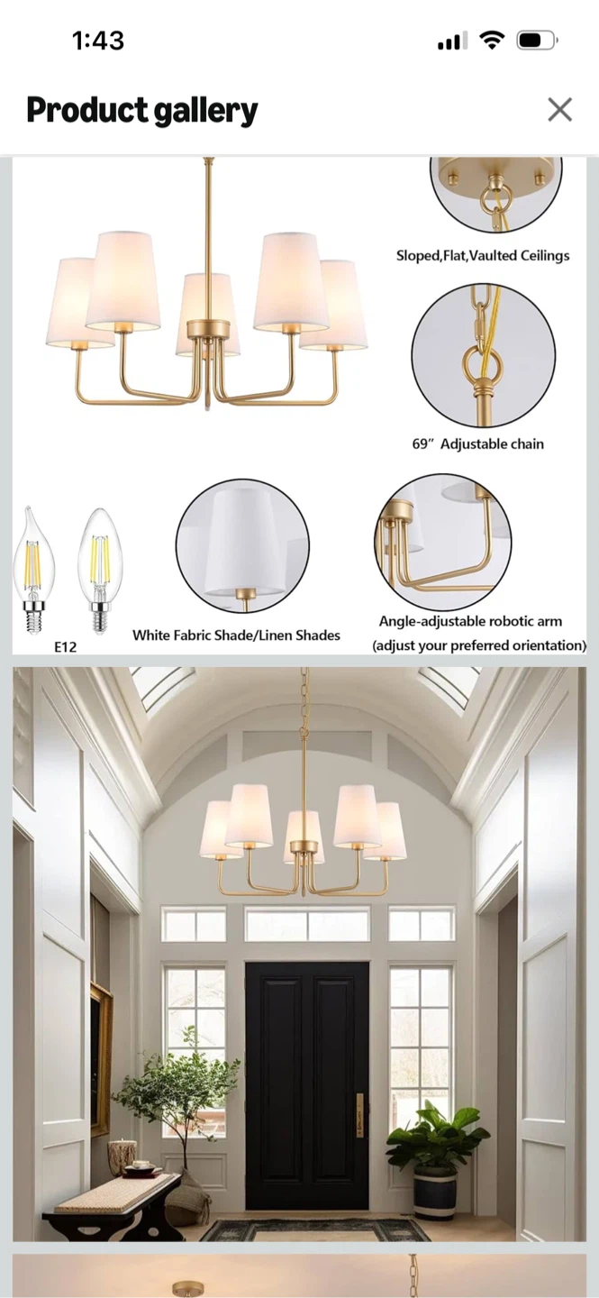 Brass Chandelier with White 5 Fabric Shades - photo 2