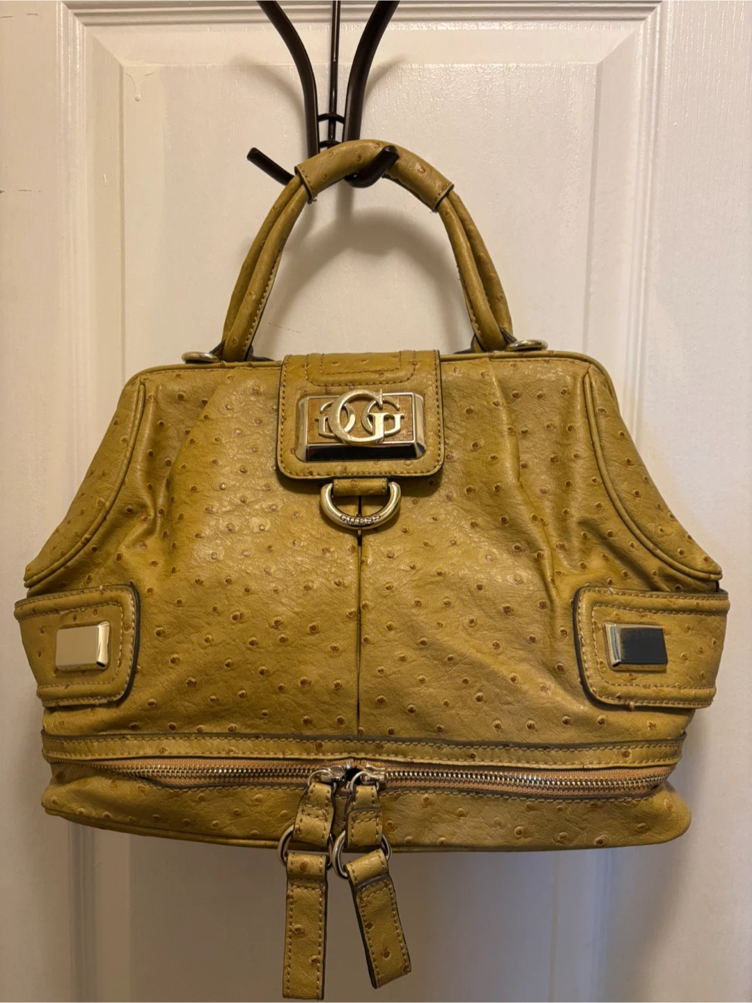 Guess Yellow Ostrich Embossed Satchel Handbag