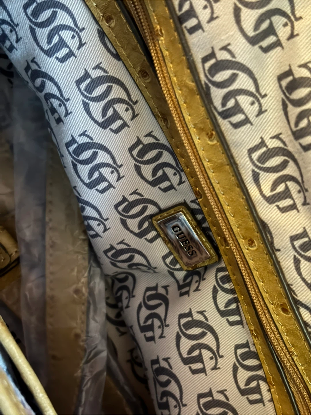 Guess Yellow Ostrich Embossed Satchel Handbag - photo 4