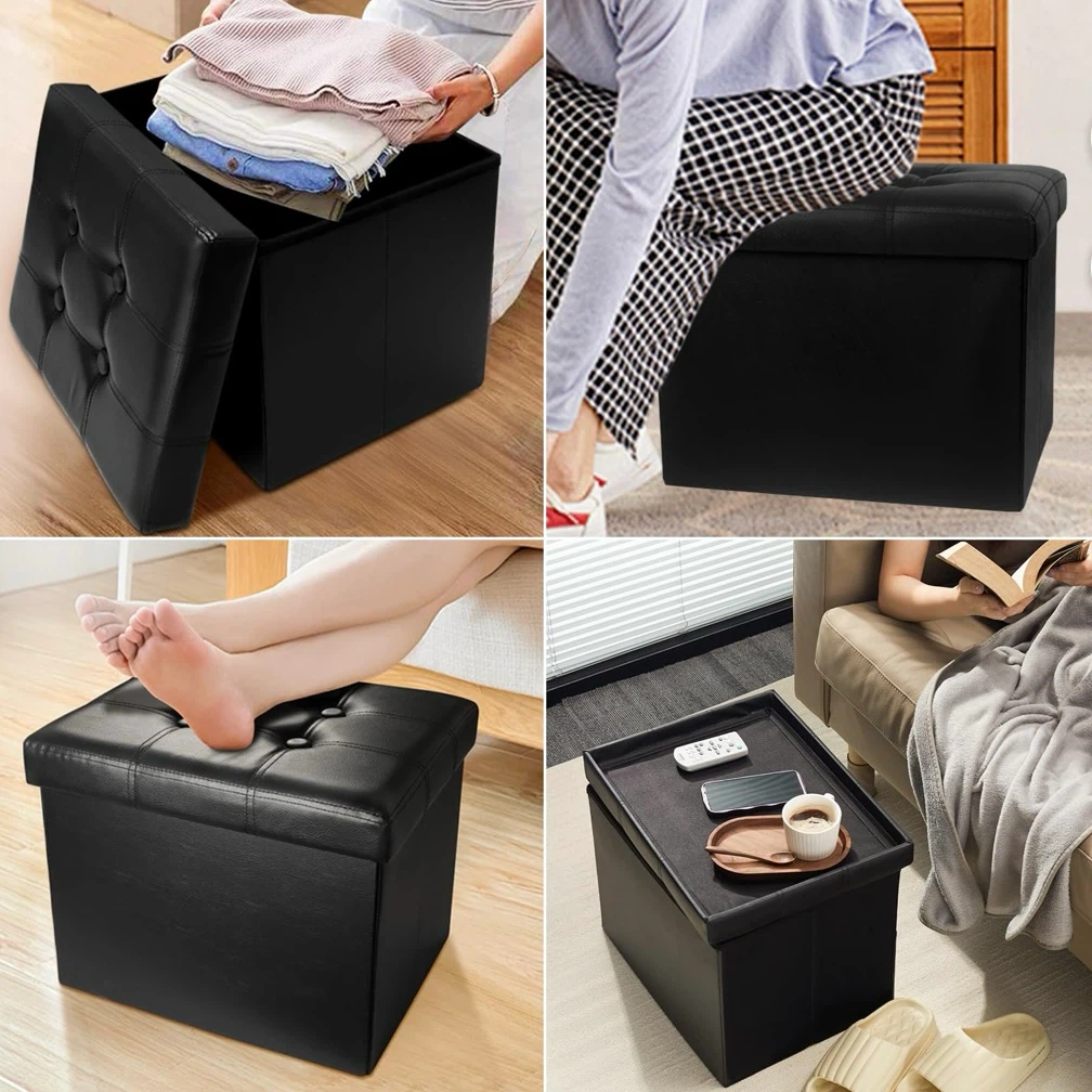 Home Storage Ottoman Black Leather - photo 3