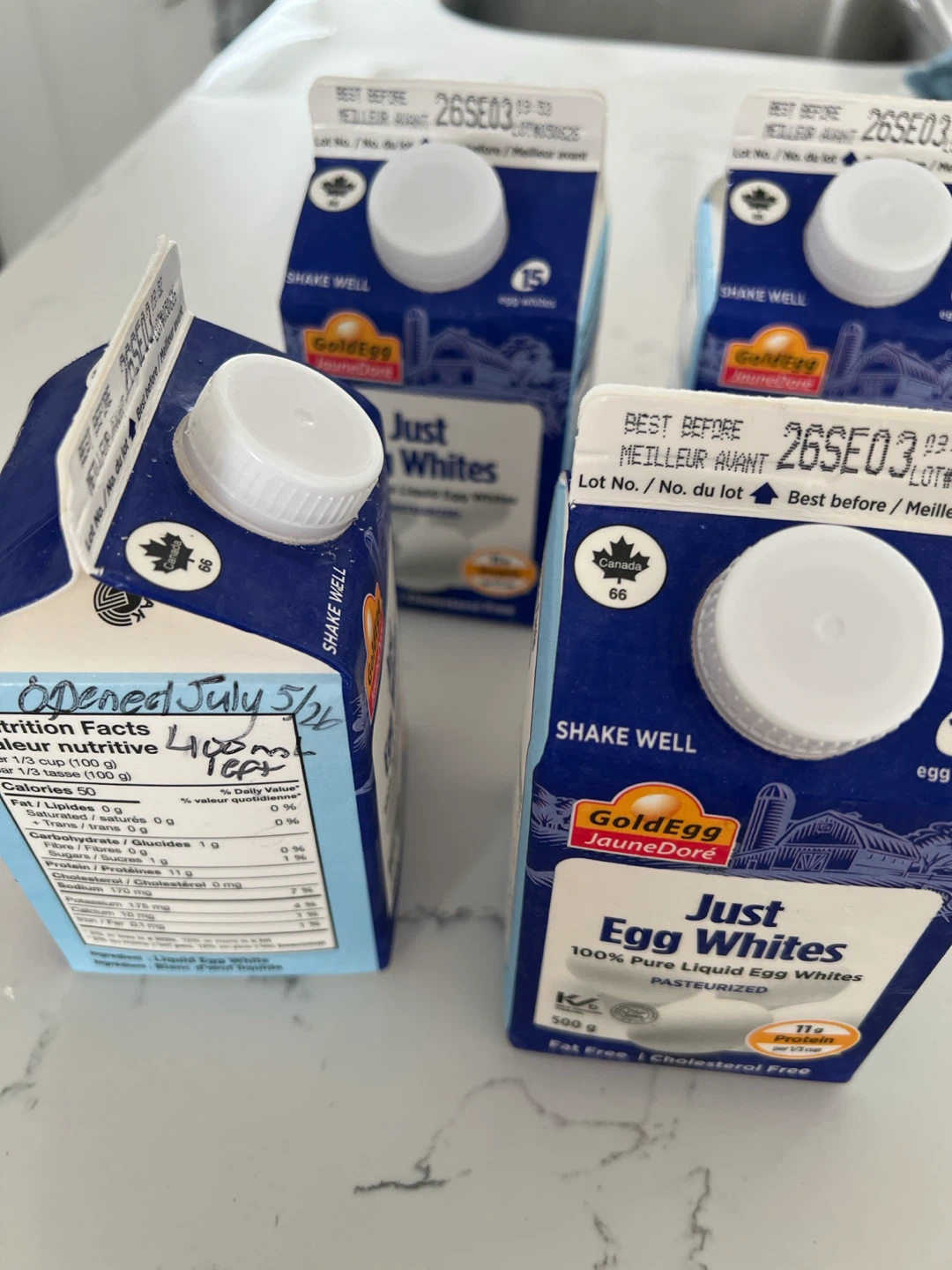 3 new Egg Whites 500mL, 1 opened 400mL left