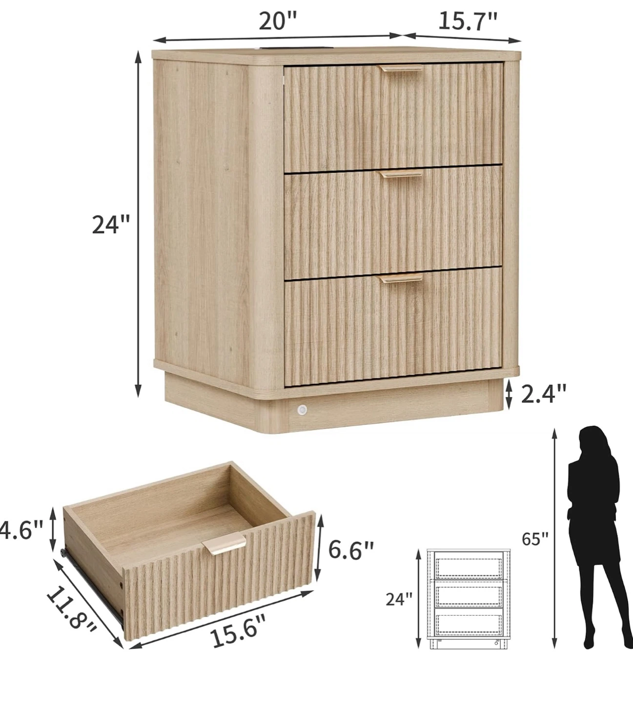 Fluted Nightstand with Charging Station - photo 2