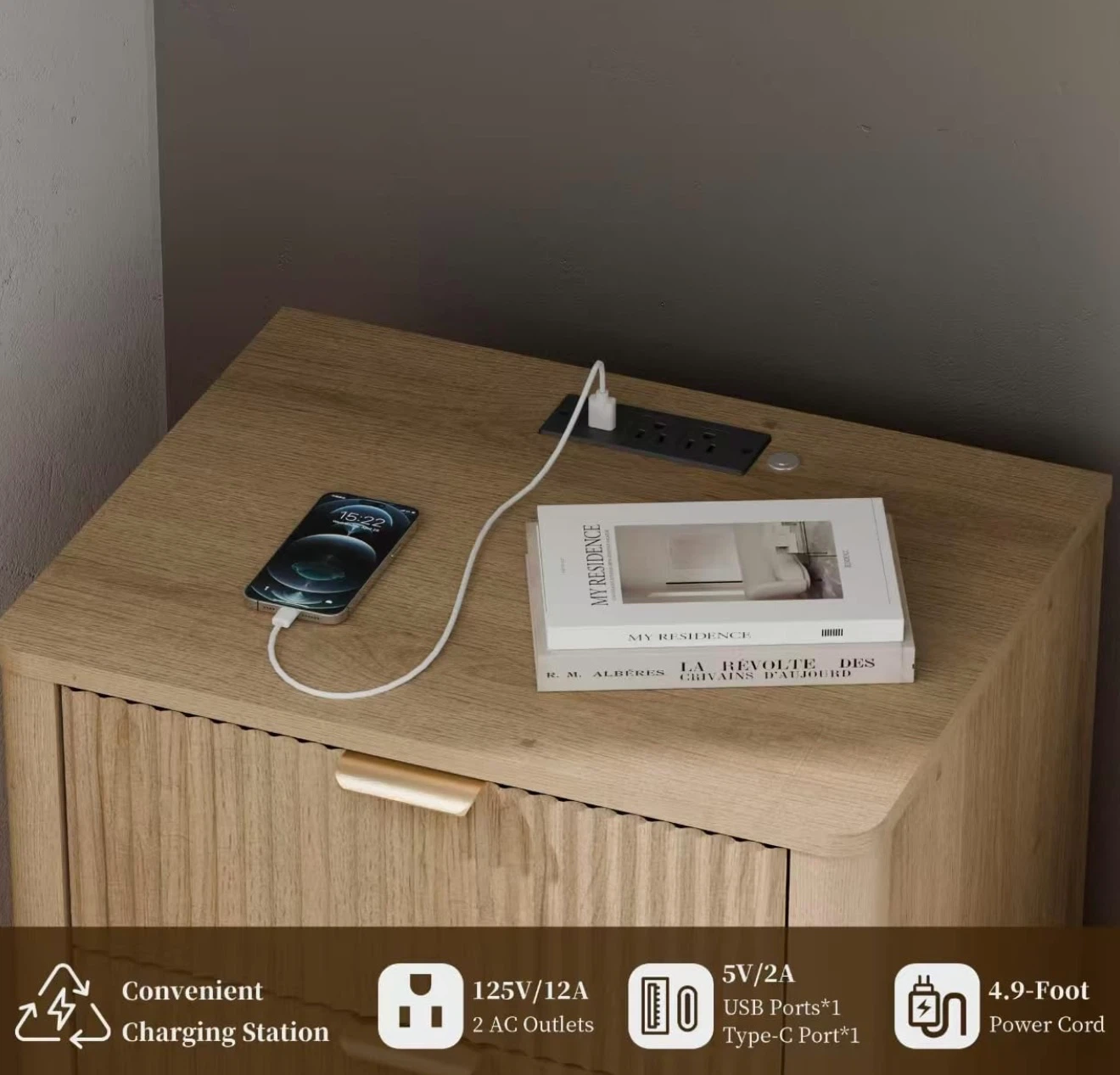 Fluted Nightstand with Charging Station - photo 4