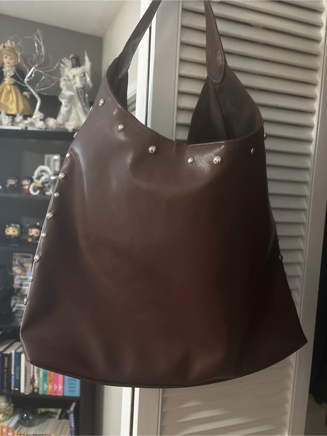Brown Faux Leather Studded Shoulder Bag