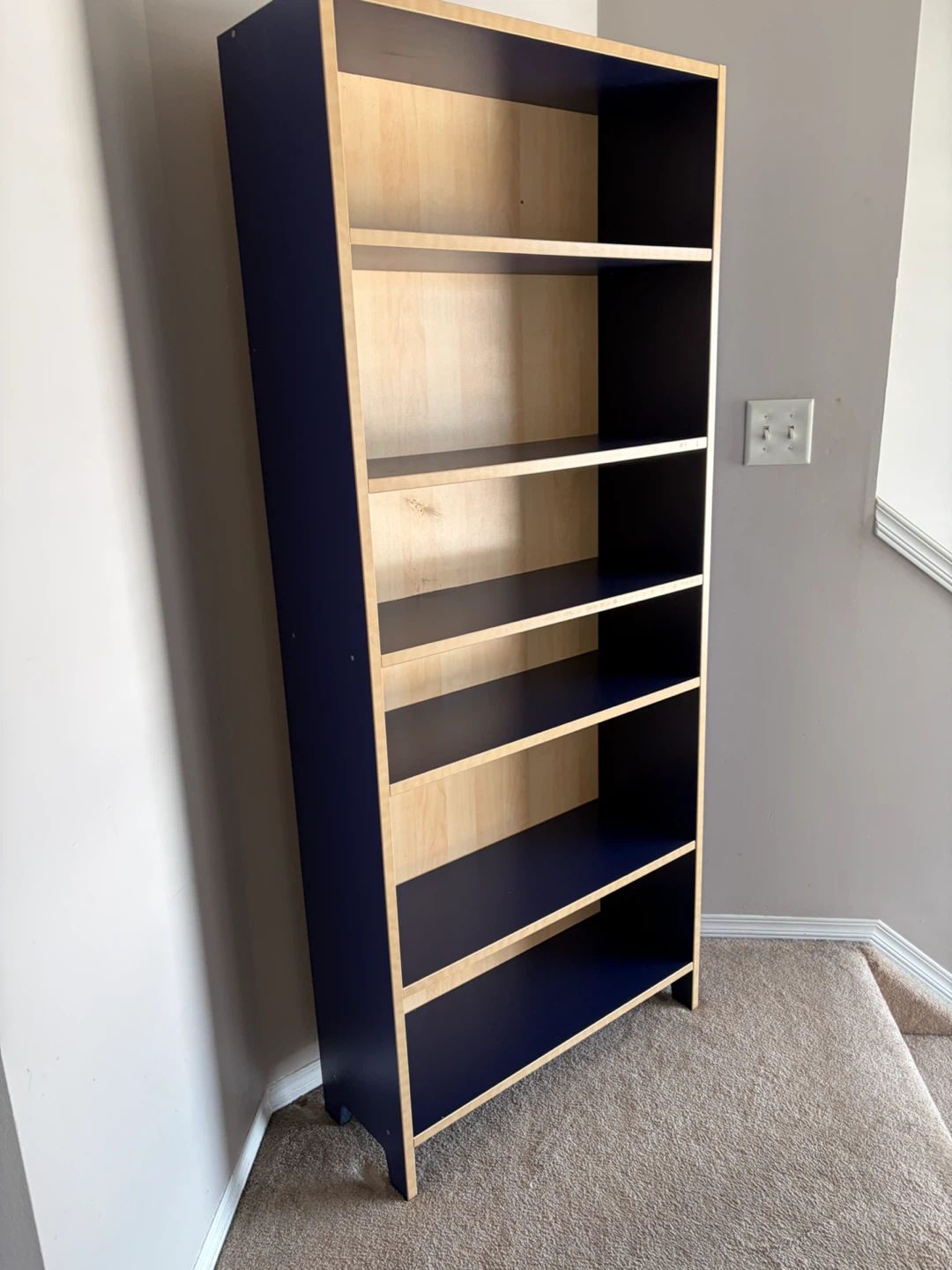 Blue and wood bookshelf 65.5”x27.5”x10”