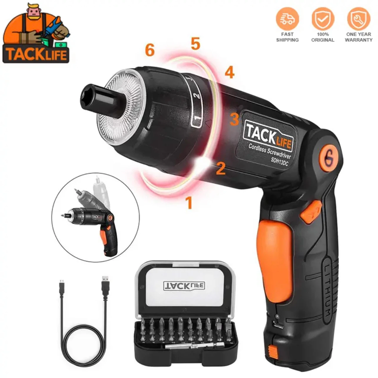 Tacklife 3.6V Cordless Screwdriver + 30-Pc Bit Set - photo 3