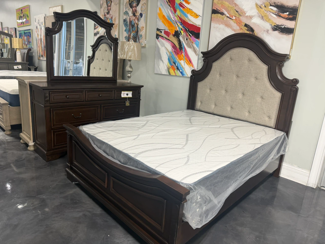 Tufted Upholstered Bed Frame with Matching Dresser and Mirror