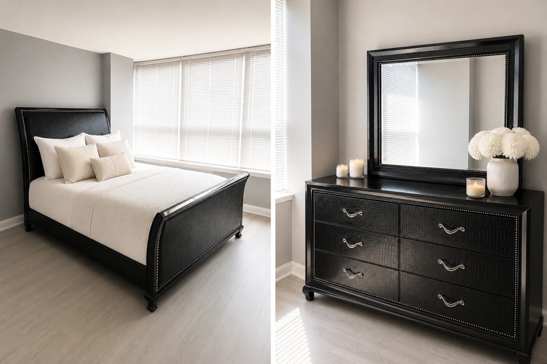 Black Faux crocodile Bed Frame & Dresser Set