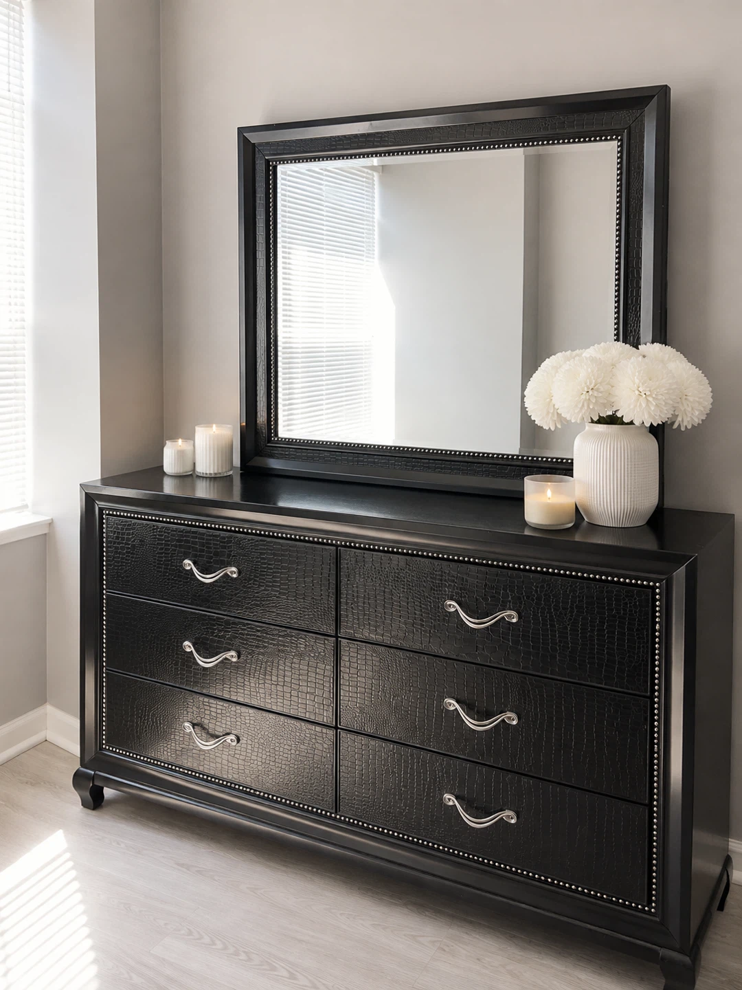 Black Faux crocodile Bed Frame & Dresser Set - photo 3