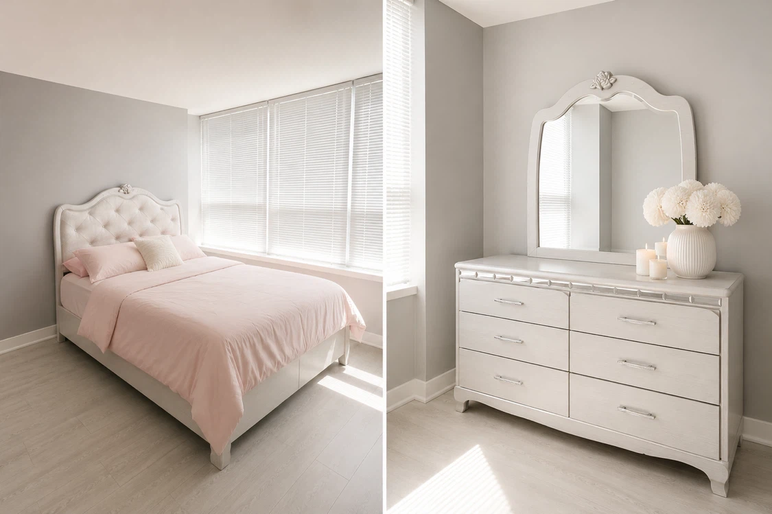 White Upholstered Queen Bed Frame and dresser and mirror