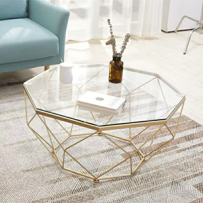 Gold Geometric Coffee Table with Glass Top