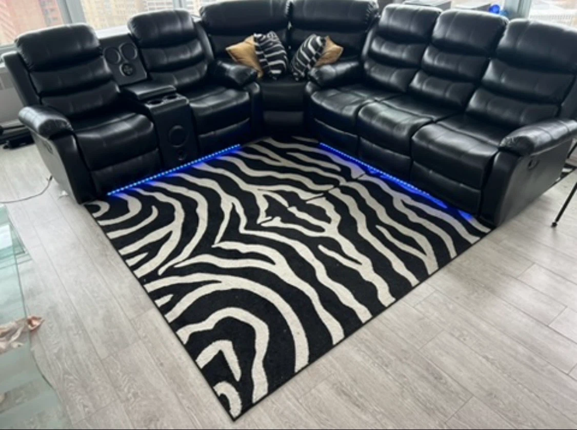 Black Leather Sectional Sofa with Recliners and LED Lights