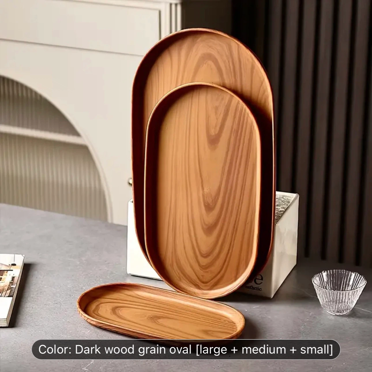 3pcs Oval Tray Set, Dark Wood Grain
