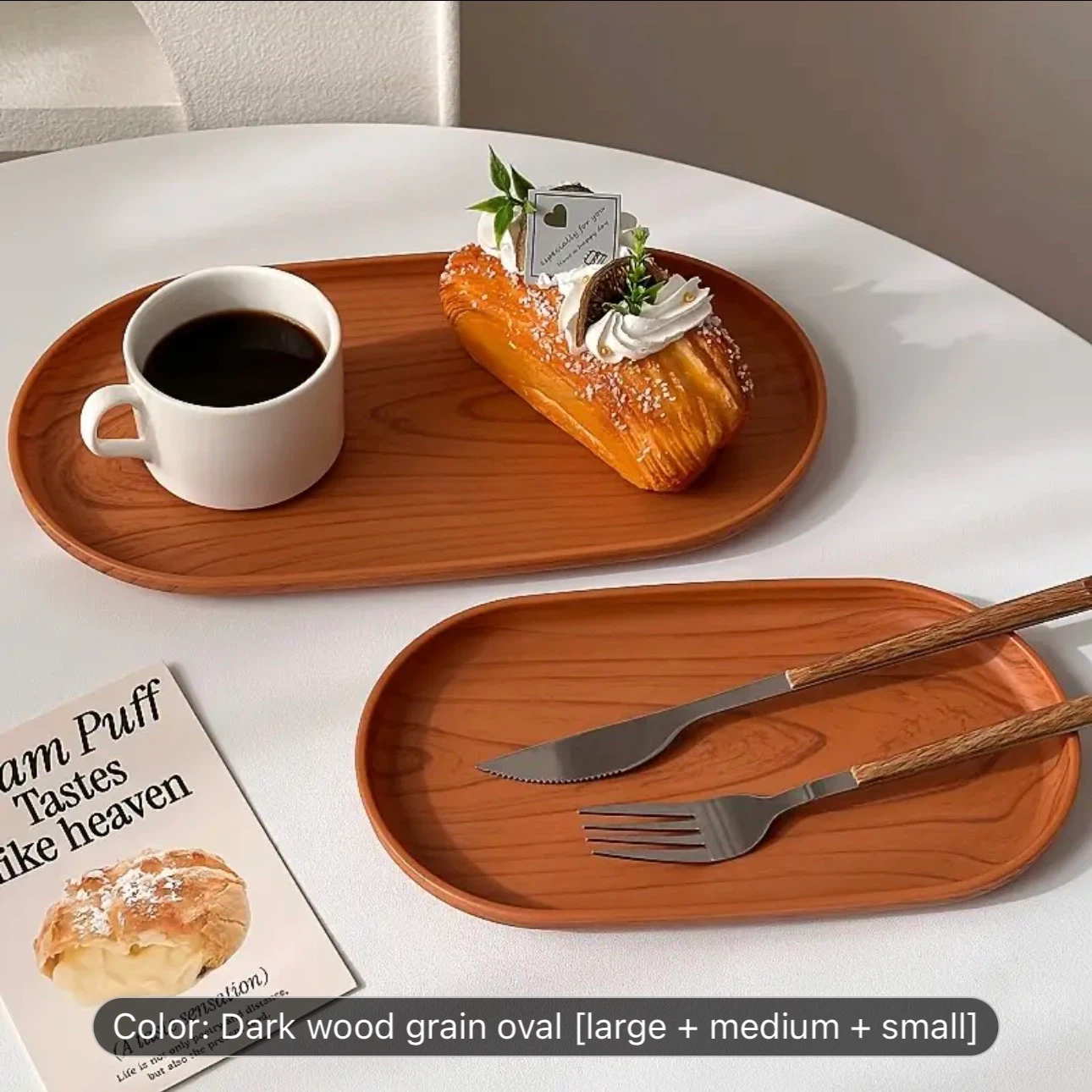 3pcs Oval Tray Set, Dark Wood Grain - photo 2