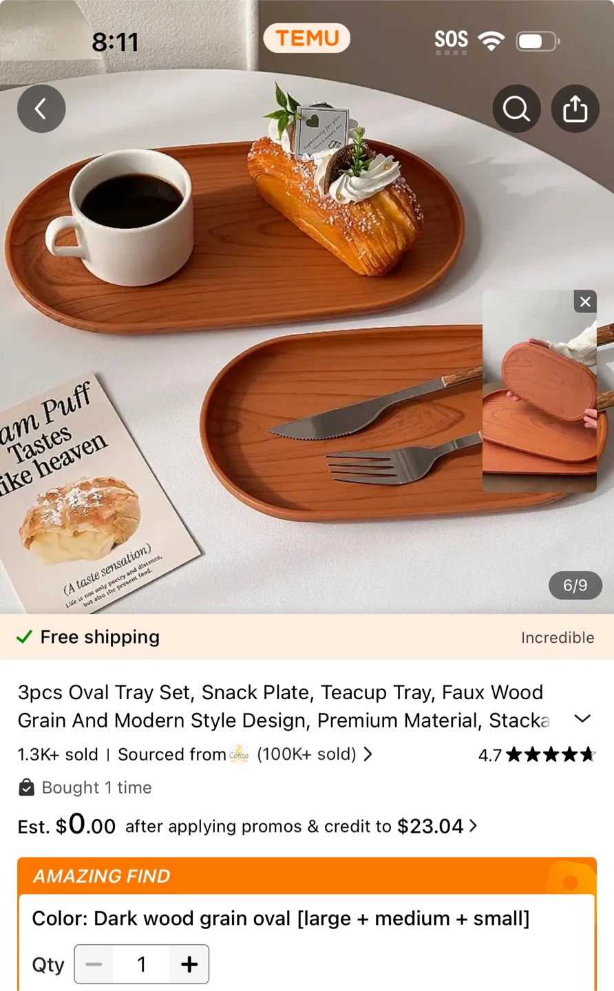3pcs Oval Tray Set, Dark Wood Grain - photo 3