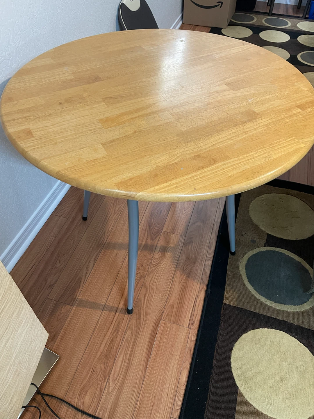 Round Wood Table with Grey Legs