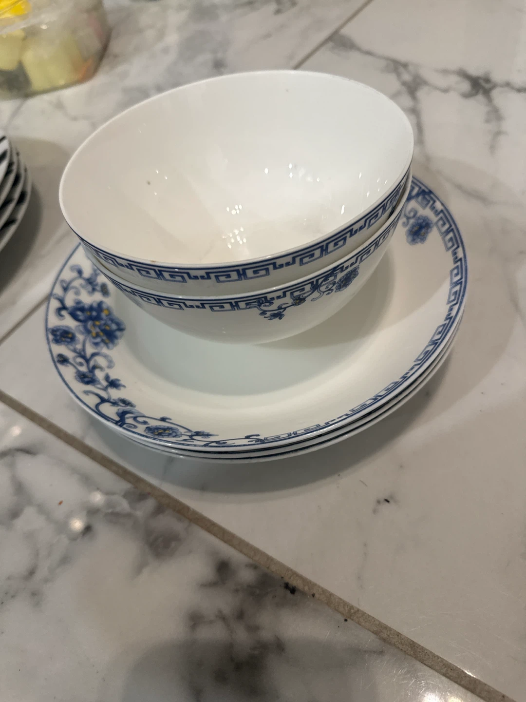 Blue and White Ceramic Bowls and Plates