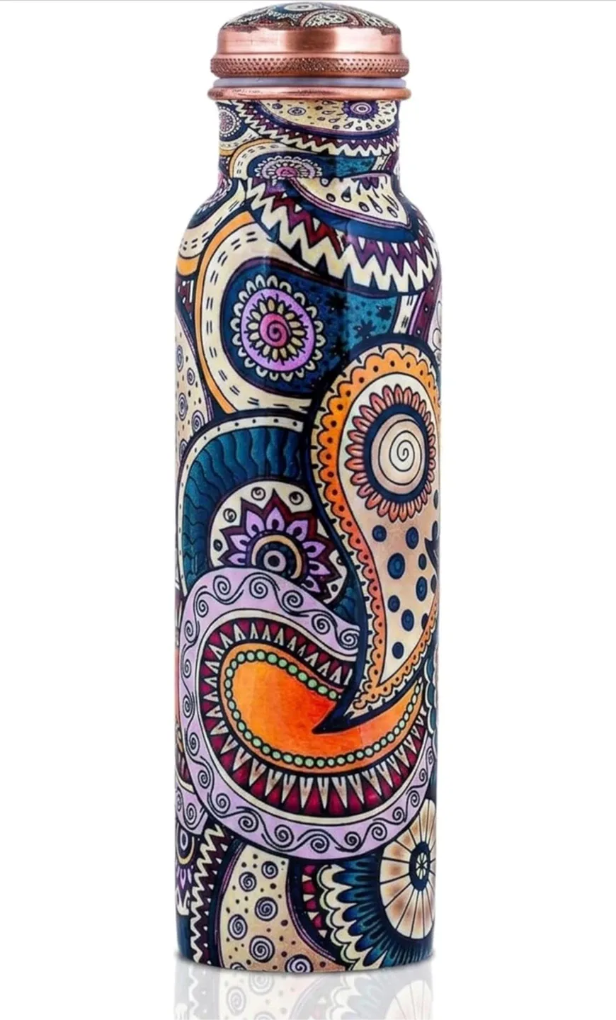 Copper Water Bottle - Vibrant Paisley Design