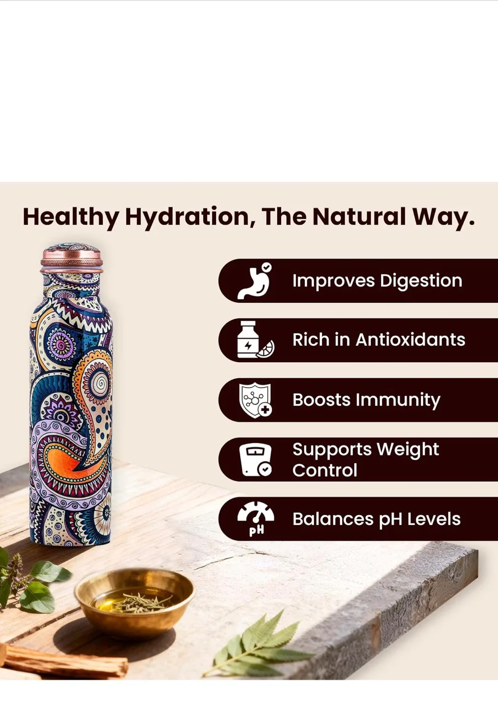Copper Water Bottle - Vibrant Paisley Design - photo 2